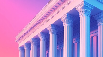 Leinwandbilder - Stylized illustration of a classic building with columns, set against a pink and blue gradient background.