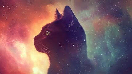 Aufkleber - Stylish simplistic artwork featuring a feline in a mystical galactic setting with a unique and psychedelic design.