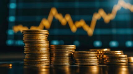 Poster - Stack of golden coins with a rising graph in the background, symbolizing financial growth and investment opportunities.