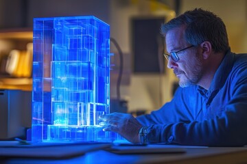 Aufkleber - Man Examining a Glowing Blue Building Model