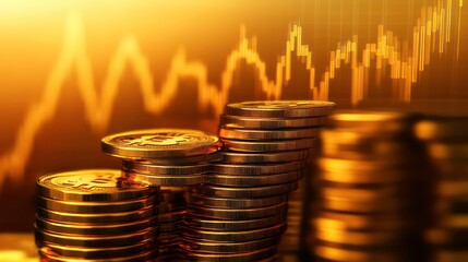 Poster - Stacked gold coins with a financial graph in the background, symbolizing investment and wealth.