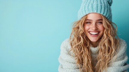 In front of a bright blue backdrop, a woman with curly hair and knitted hat beams with joy. Her exuberant smile and casual attire exude happiness and warmth.