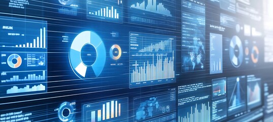 Poster - A conceptual image of business data being analyzed with digital charts and graphs floating in the air