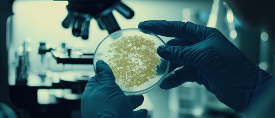 Aufkleber - Gloved Hands Holding a Petri Dish with Bacteria Culture