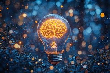Poster - Glowing Brain Inside a Light Bulb in a Forest Setting