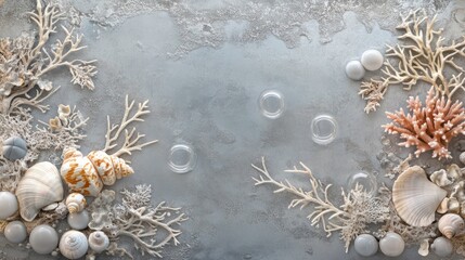 Aufkleber - Sophisticated design featuring oceanic motifs of corals, seashells, and air bubbles on a sleek gray backdrop