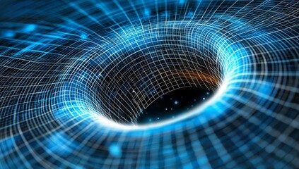 Poster - A Close-Up of an Abstract Digital Mesh Forming the Shape of a Black Hole, with Glowing Particles and Lines Creating Dynamic Movement