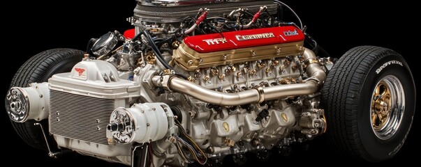 Poster - Polished and Chromed V8 Engine with Gold Wheels