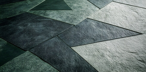 Poster - Abstract Geometric Slate Floor: A contemporary design featuring a geometric arrangement of slate tiles in shades of gray and green, creating a sophisticated and modern aesthetic.  