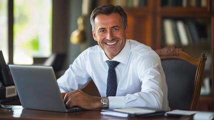 Poster - A smiling businessman working at a laptop in an office setting.