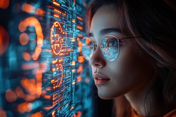 Fototapete - Woman in Glasses Looking at a Digital Interface