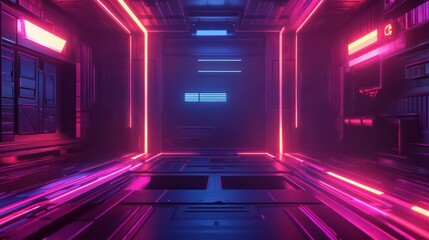 Poster - A futuristic corridor with neon lights and a sleek, metallic design.