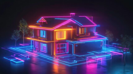 Poster - A modern house illuminated with vibrant neon lights at night.