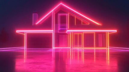 Poster - A neon-lit modern house reflecting on a wet surface at night.