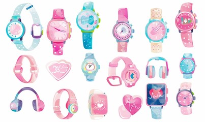 This artwork showcases a diverse array of wearable technology devices designed to enhance health and lifestyle. Each device reflects a unique style and function