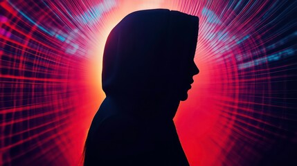 Aufkleber - Silhouette of a person in a hood against a vibrant, swirling background of light.
