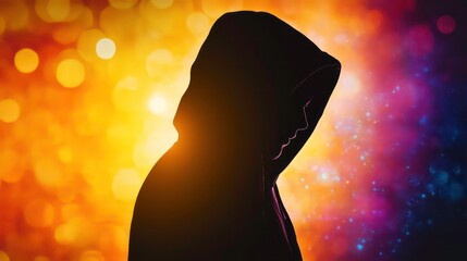 Aufkleber - A silhouetted figure in a hoodie against a vibrant, colorful background.