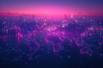 Poster - A Neon World Map Over a Cityscape at Dusk