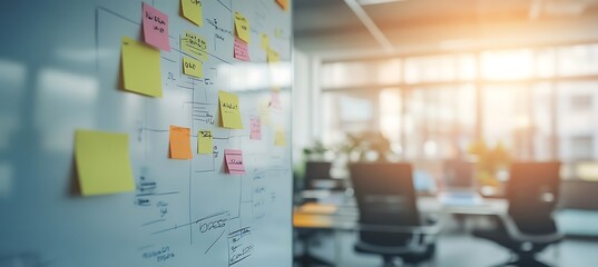Poster - A creative image of a business strategy plan on a digital whiteboard with sticky notes and diagrams.