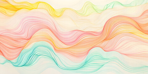 Poster - Abstract Waves of Color: A vibrant and calming abstract art piece featuring flowing, layered lines in pastel hues of yellow, green, pink, and blue.