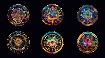 Poster - A collection of six intricate, colorful geometric patterns on a dark background.