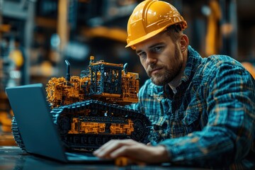 Poster - Construction Worker Examining a Model Bulldozer with a Laptop