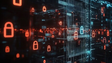 Poster - Digital Security Network with Locks and Data Visualizations