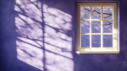Aufkleber - A window casts shadows on a purple wall, highlighting nature's interplay with light.