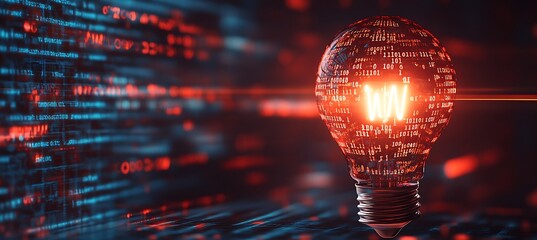 Poster - A creative image of a lightbulb surrounded by flowing digital binary code, representing the intersection of technology and business innovation