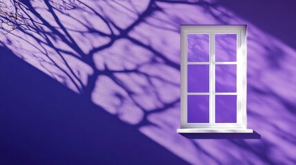 Leinwandbilder - A purple wall with a window casting intricate shadows from nearby branches.
