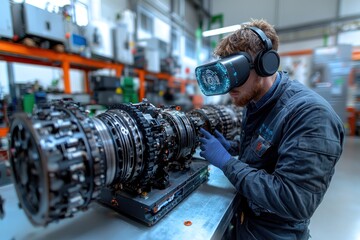 Poster - A Technician Wearing VR Headset Examining a Jet Engine Component