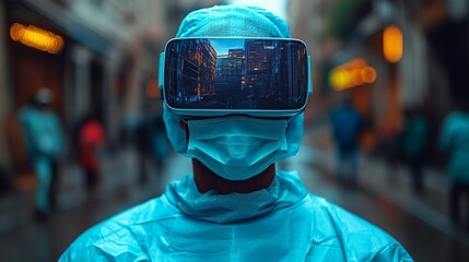 Poster - Virtual assistant wearing AR glasses assists in urban setting during a rainy day