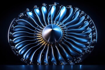 Poster - Close-up of a Shiny Silver Jet Engine Fan with Blue Highlights