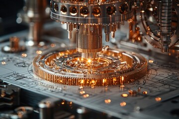 Poster - Close-up of a Complex Metal Gear Mechanism with Glowing Lights