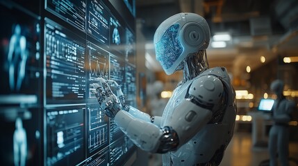 Poster - Futuristic workspace with multiple AI assistants engaged in data analysis and processing tasks