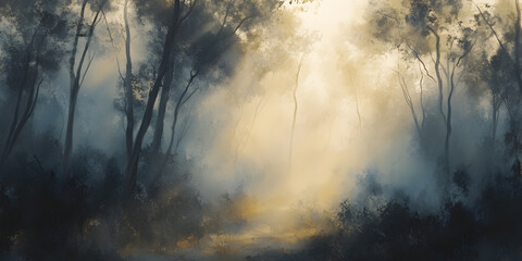 Poster - Sunlit Forest Path: A mystical path winds through a dense, fog-laden forest, bathed in the ethereal glow of sunlight breaking through the canopy. The scene evokes a sense of mystery, tranquility.