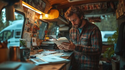 Poster - A man immersed in a book stands at a table in a stylish van. The interior features soothing lighting and artistic decorations, creating a warm atmosphere.