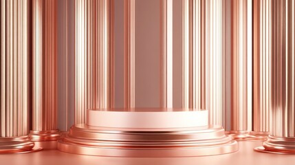 Leinwandbilder - Rose Gold Elegance: A minimalist 3D render of a cylindrical podium bathed in soft light, set against a backdrop of sleek, rose gold pillars, ideal for showcasing premium products or brands.