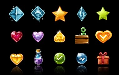 Poster - Colorful collection of detailed game icons featuring various shapes on a dark background perfect for UI design inspiration