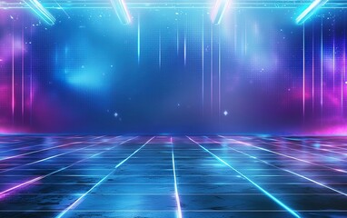 Poster - Vibrant neon light display in an abstract setting with a grid floor and glowing background
