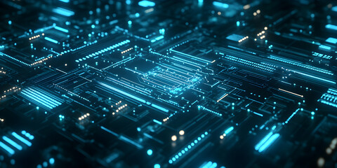 Poster - Cybernetic Circuitry: Abstract close-up of a futuristic, glowing blue circuit board, showcasing intricate technological details and patterns.  A mesmerizing display of digital innovation. 