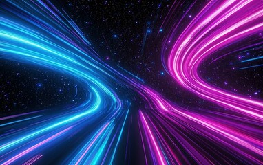 Poster - Colorful light trails create a dynamic visual effect in a cosmic space environment at night, giving a futuristic feel to the scene
