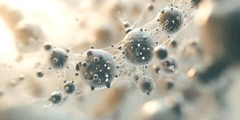 Poster - Interconnectedness: A mesmerizing abstract image depicting a network of spherical objects linked together in a delicate web, bathed in soft, ethereal light.