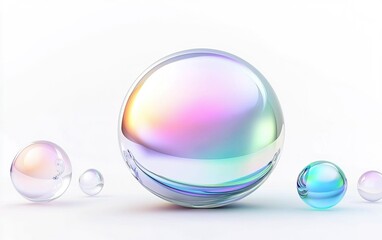 Poster - Colorful glass spheres with iridescent surfaces displayed on a white background create a mesmerizing visual experience