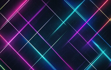 Poster - Vibrant neon light patterns creating a dynamic abstract design with colorful diagonal lines on a dark background
