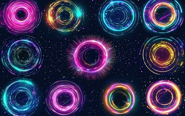 Poster - Colorful glowing circles of light create a vibrant abstract design against a dark background, showcasing swirling patterns and radiant colors