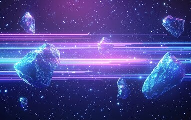 Poster - Brightly colored asteroids traveling through a cosmic landscape filled with stars and vibrant light trails in a digital universe