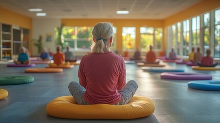 Poster - A group of individuals is engaged in meditation in a bright studio, sitting on colorful cushions, with warm afternoon light illuminating the space.