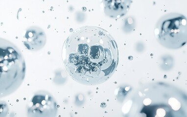 Poster - Transparent bubbles floating in a bright atmosphere with tiny water droplets reflecting light