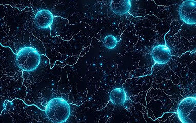 Poster - Electric blue spheres and glowing energy lines in a dark cosmic environment depicting scientific concepts or abstract technology